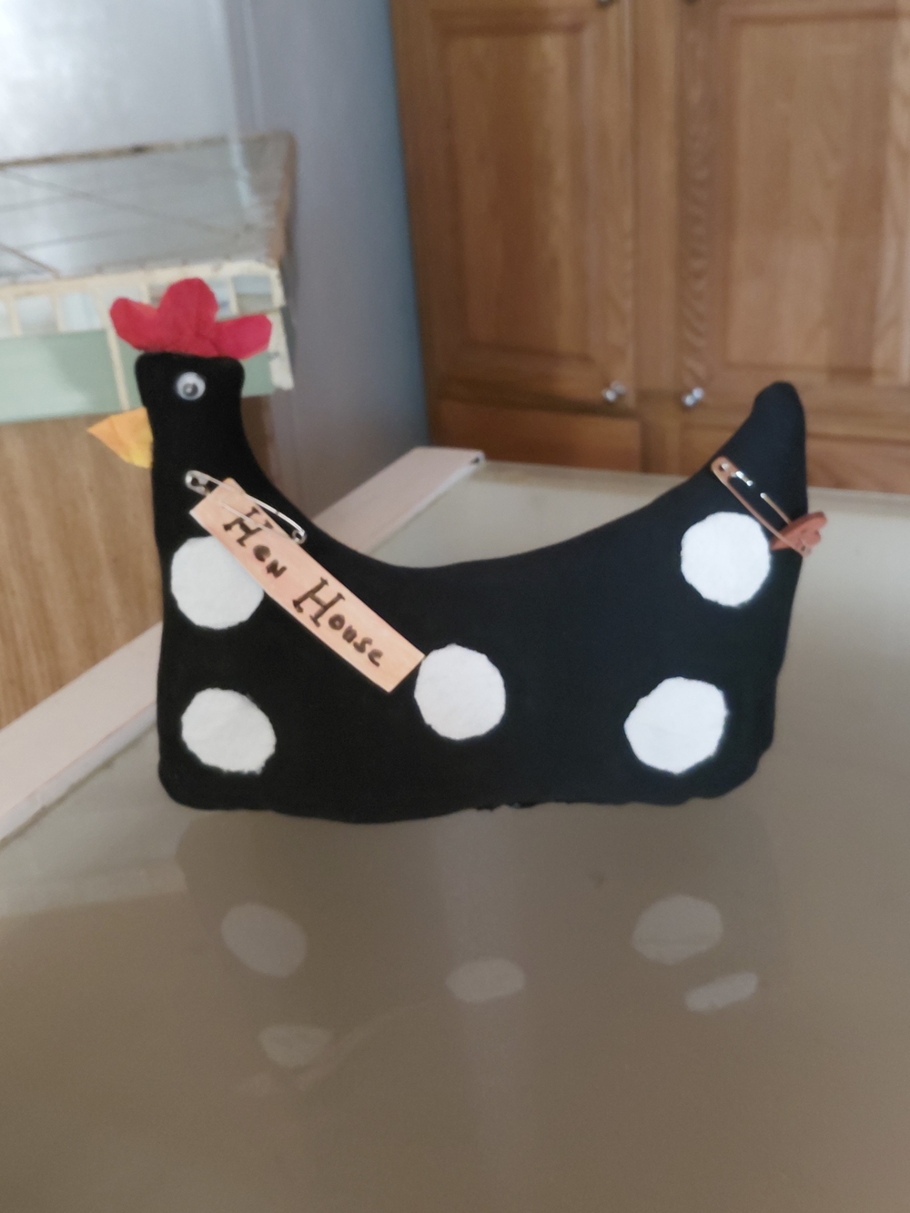 Black Polka Dot Hen House Decorative Chicken 11"wide 9"tall